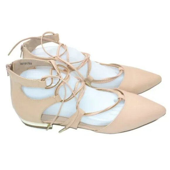 F21 Forever 21 Beige Tan Lace-Up Gladiator Flats Gold Heel Pointed Toe Shoes 9 - Picture 4 of 9